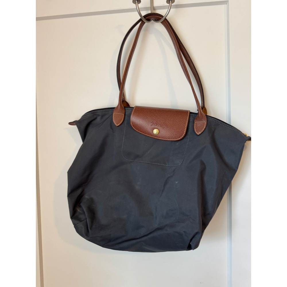 Longchamp Le Pliage Large Tote Bag Navy Blue Nylon Brown Leather Shoulder Bag